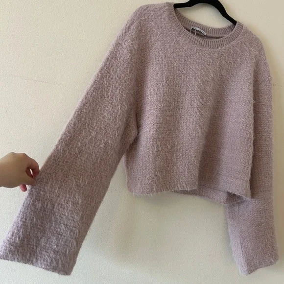 Zara Lilac Fuzzy Metallic Shimmer Cropped Sweater Jumper bell Sleeve Large - Picture 3 of 9